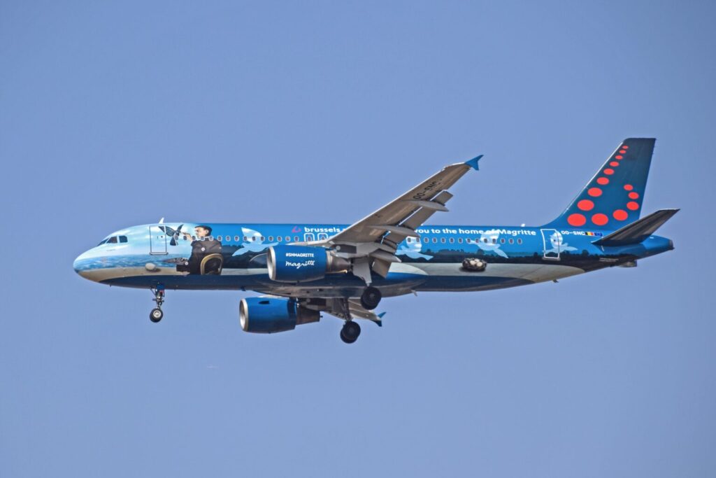 Brussels Airlines Airbus 320, painted with the Magritte Livery. 